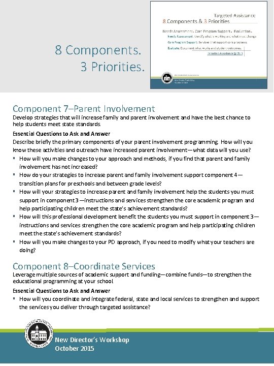 8 Components. 3 Priorities. Component 7–Parent Involvement Develop strategies that will increase family and