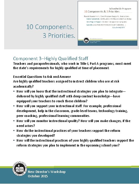 10 Components. 3 Priorities. Component 3–Highly Qualified Staff Teachers and paraprofessionals, who work in