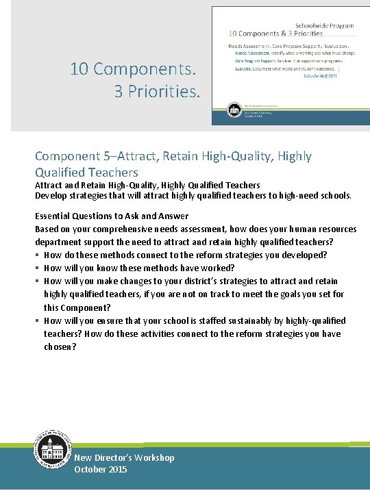 10 Components. 3 Priorities. Component 5–Attract, Retain High-Quality, Highly Qualified Teachers Attract and Retain