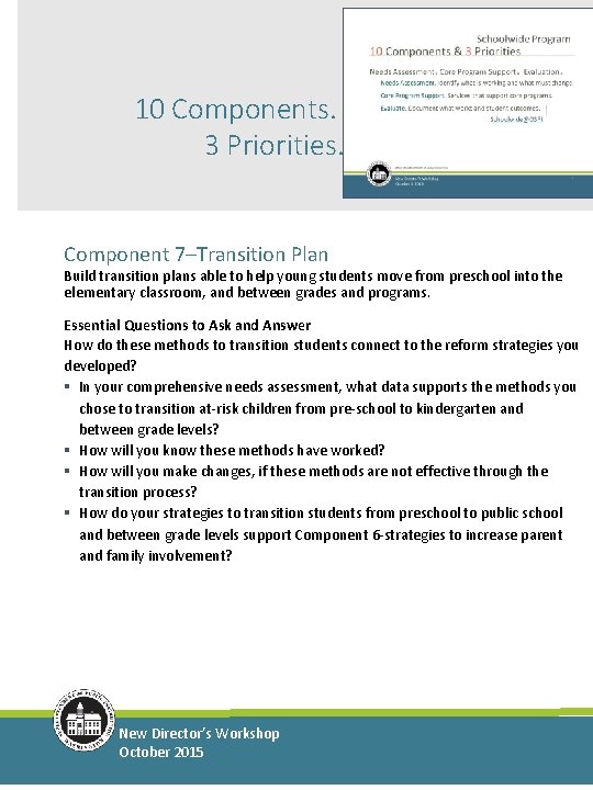 10 Components. 3 Priorities. Component 7–Transition Plan Build transition plans able to help young