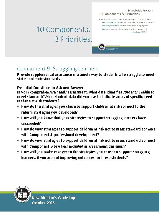 10 Components. 3 Priorities. Component 9–Struggling Learners Provide supplemental assistance in a timely way