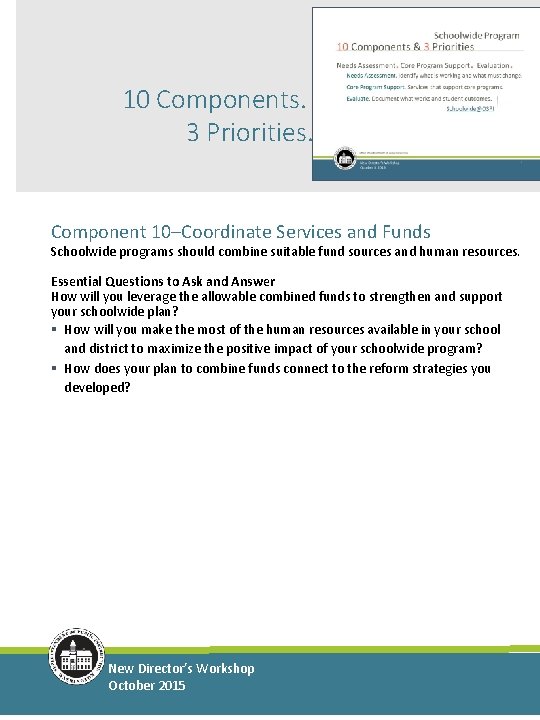 10 Components. 3 Priorities. Component 10–Coordinate Services and Funds Schoolwide programs should combine suitable