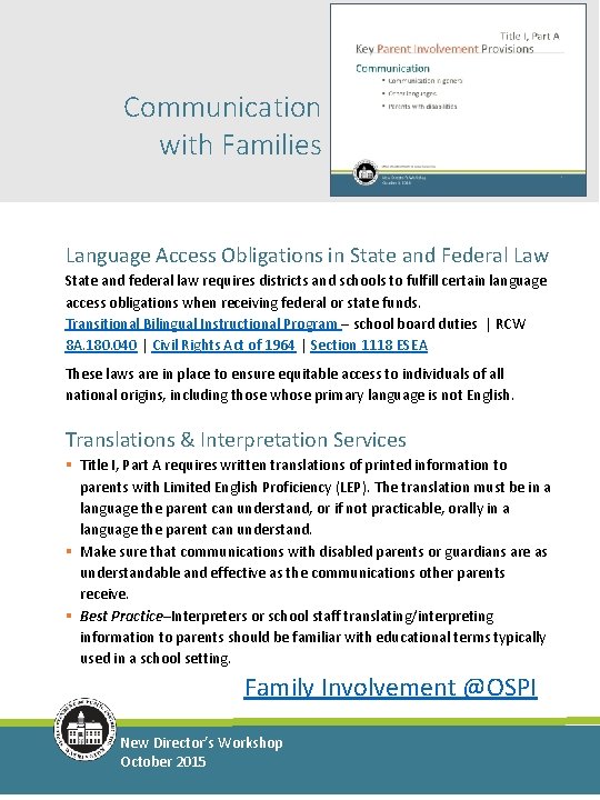 Communication with Families Language Access Obligations in State and Federal Law State and federal