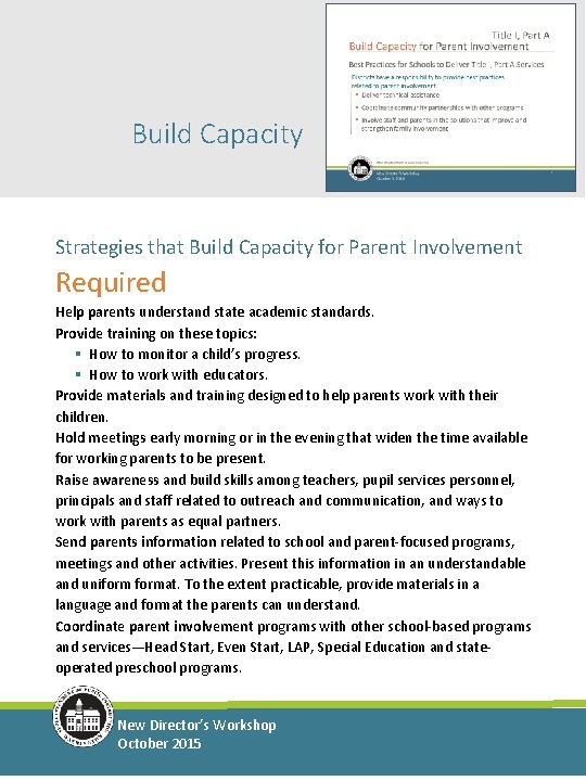 Build Capacity Strategies that Build Capacity for Parent Involvement Required Help parents understand state