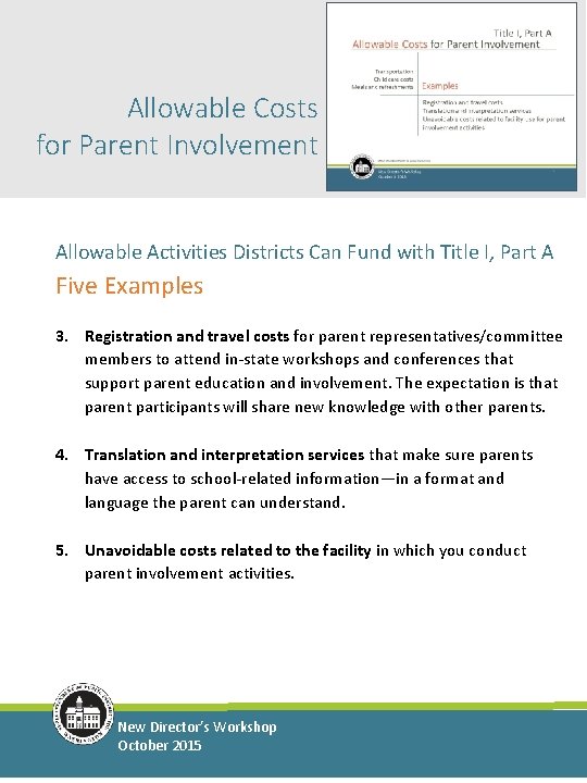 Allowable Costs for Parent Involvement Allowable Activities Districts Can Fund with Title I, Part