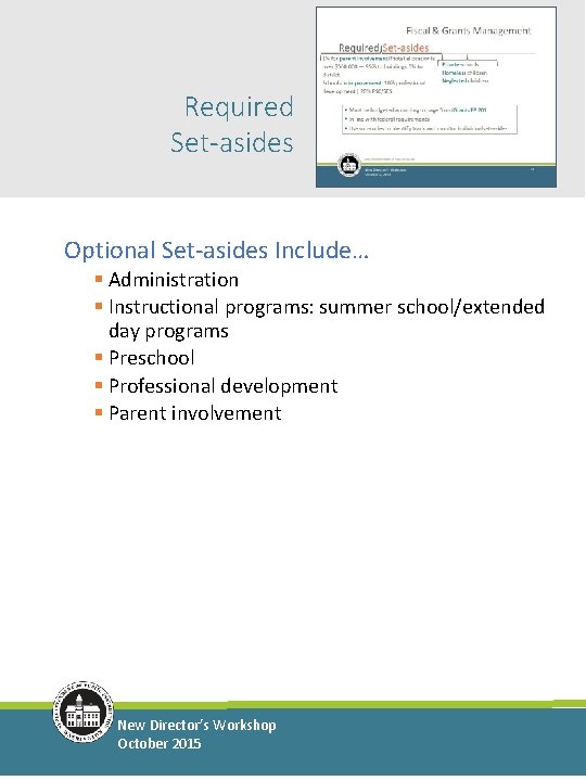 Required Set-asides Optional Set-asides Include… § Administration § Instructional programs: summer school/extended day programs