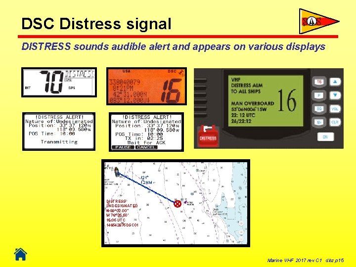 DSC Distress signal DISTRESS sounds audible alert and appears on various displays O 121