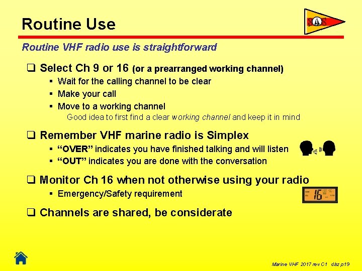 Routine Use Routine VHF radio use is straightforward q Select Ch 9 or 16