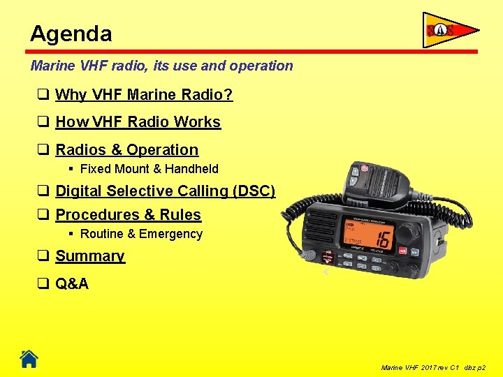 Agenda Marine VHF radio, its use and operation q Why VHF Marine Radio? q
