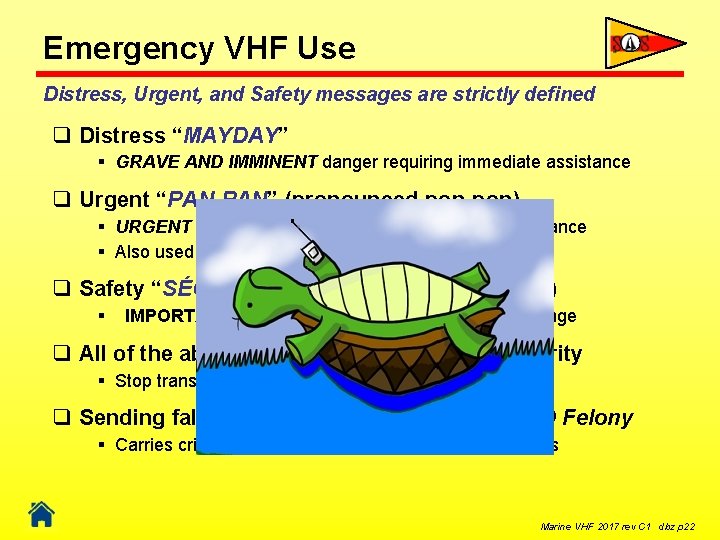 Emergency VHF Use Distress, Urgent, and Safety messages are strictly defined q Distress “MAYDAY”