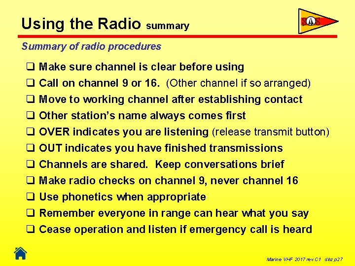 Using the Radio summary Summary of radio procedures q Make sure channel is clear