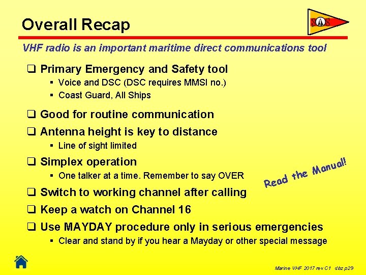 Overall Recap VHF radio is an important maritime direct communications tool q Primary Emergency