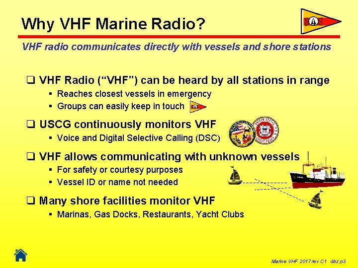 Why VHF Marine Radio? VHF radio communicates directly with vessels and shore stations q