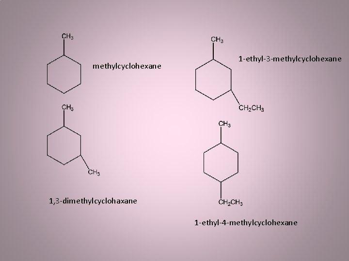 methylcyclohexane 1 -ethyl-3 -methylcyclohexane 1, 3 -dimethylcyclohaxane 1 -ethyl-4 -methylcyclohexane 