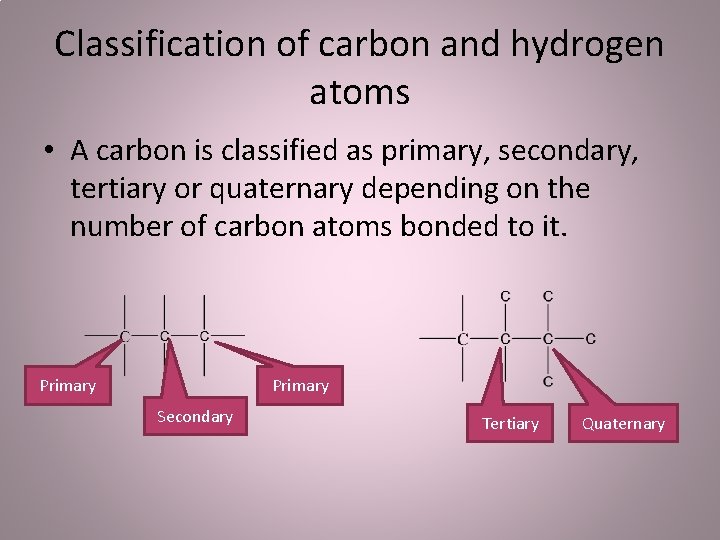 Classification of carbon and hydrogen atoms • A carbon is classified as primary, secondary,