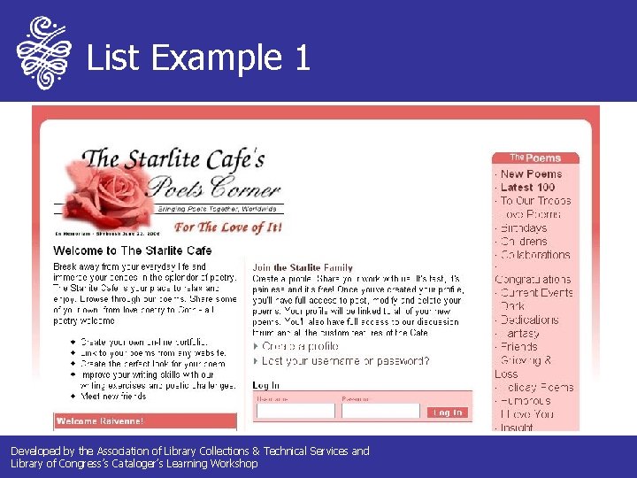 List Example 1 Developed by the Association of Library Collections & Technical Services and List Example 1 Developed by the Association of Library Collections & Technical Services and