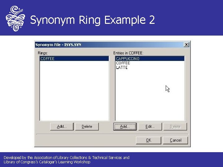 Synonym Ring Example 2 Developed by the Association of Library Collections & Technical Services Synonym Ring Example 2 Developed by the Association of Library Collections & Technical Services