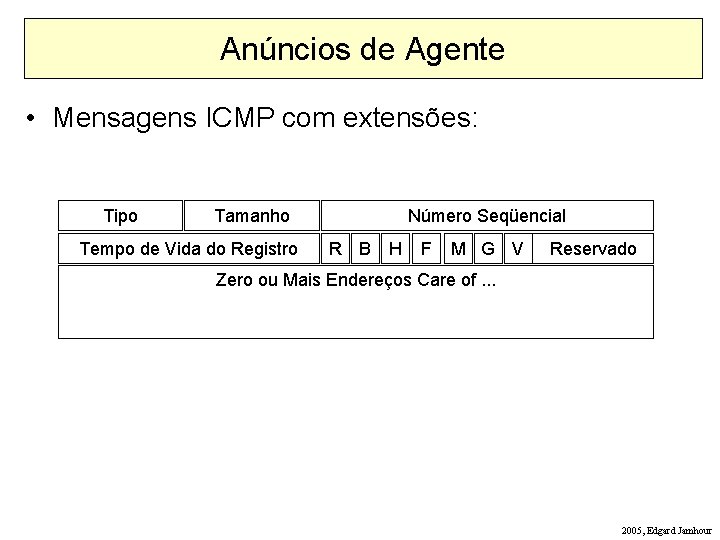 Anúncios de Agente • Mensagens ICMP com extensões: Tipo Tamanho Tempo de Vida do
