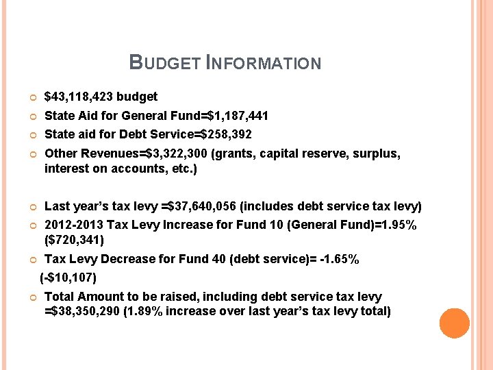 BUDGET INFORMATION $43, 118, 423 budget State Aid for General Fund=$1, 187, 441 State