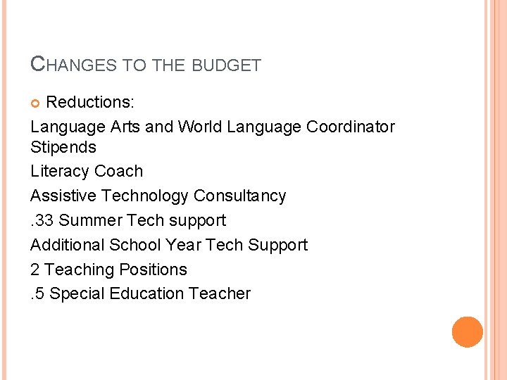 CHANGES TO THE BUDGET Reductions: Language Arts and World Language Coordinator Stipends Literacy Coach