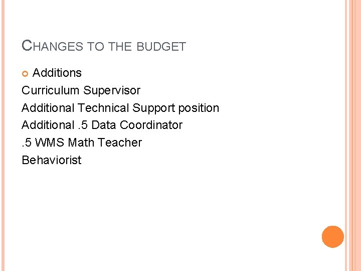 CHANGES TO THE BUDGET Additions Curriculum Supervisor Additional Technical Support position Additional. 5 Data