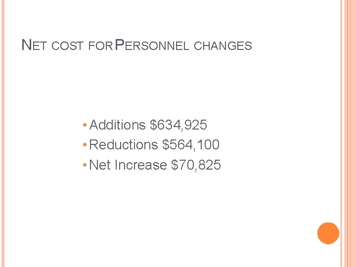 NET COST FOR PERSONNEL CHANGES • Additions $634, 925 • Reductions $564, 100 •