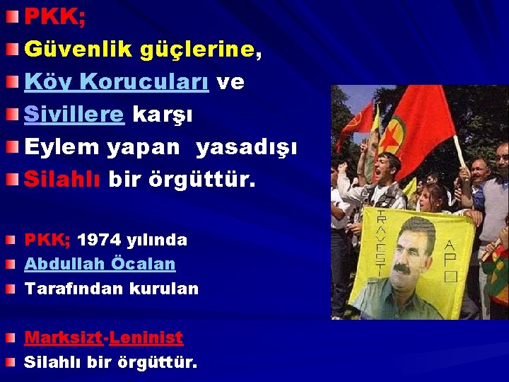 PKK; Güvenlik güçlerine, Köy Korucuları ve Sivillere karşı Eylem yapan yasadışı Silahlı bir örgüttür.