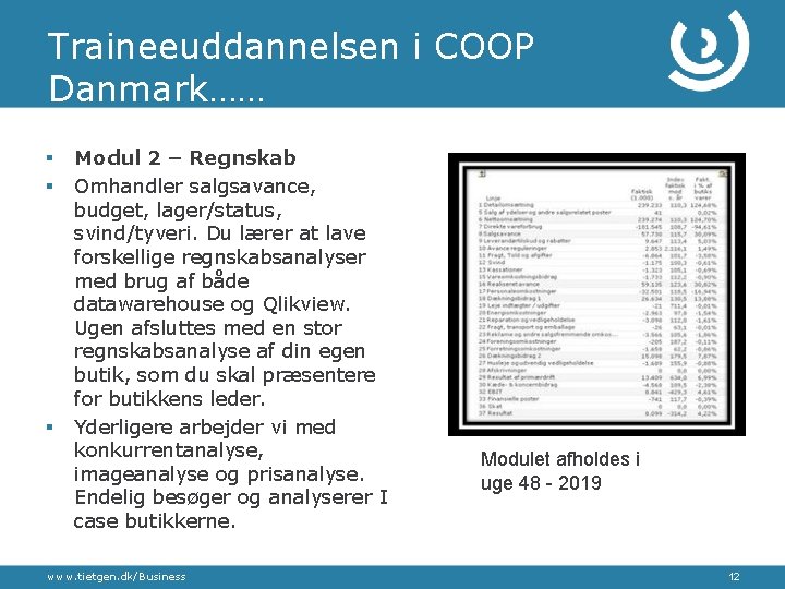 Traineeuddannelsen i COOP Danmark…… § § § Modul 2 – Regnskab Omhandler salgsavance, budget,