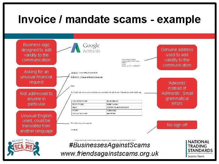 Invoice / mandate scams - example Business logo designed to add validity to the