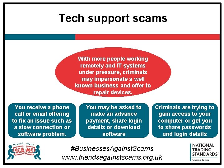 Tech support scams With more people working remotely and IT systems under pressure, criminals