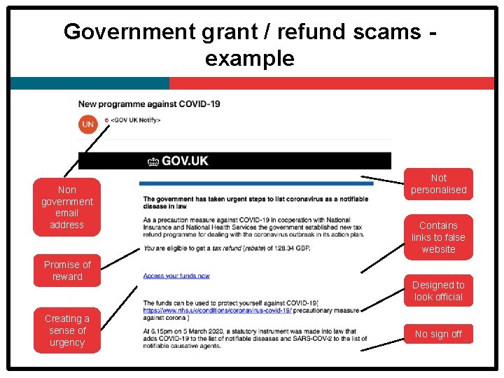 Government grant / refund scams example Non government email address Promise of reward Creating