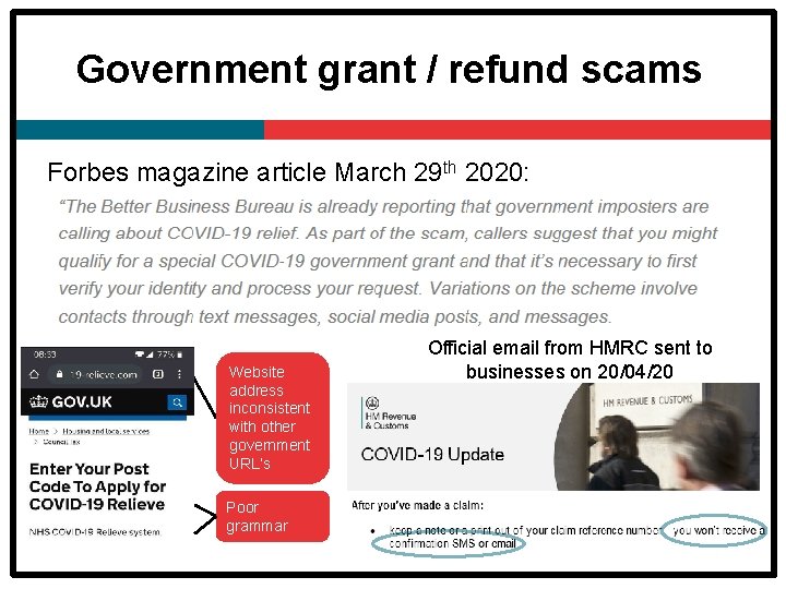 Government grant / refund scams Forbes magazine article March 29 th 2020: Website address