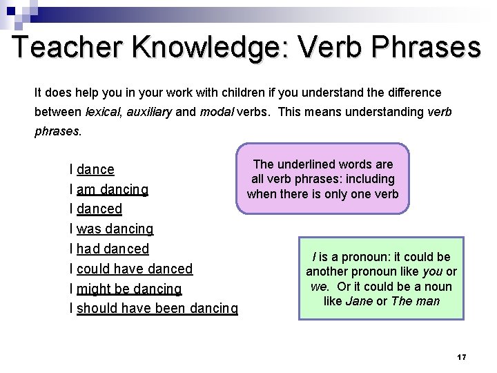 Teacher Knowledge: Verb Phrases It does help you in your work with children if