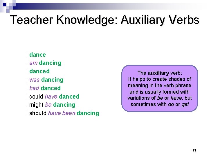 Teacher Knowledge: Auxiliary Verbs I dance I am dancing I danced I was dancing