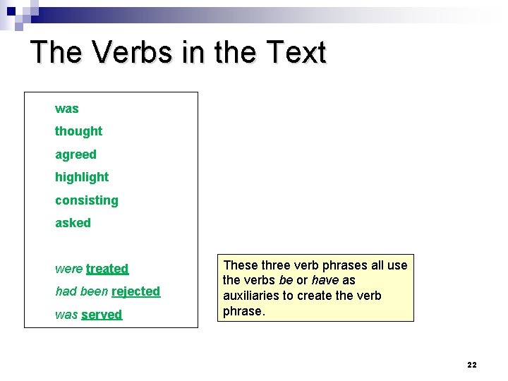 The Verbs in the Text was thought agreed highlight consisting asked were treated had