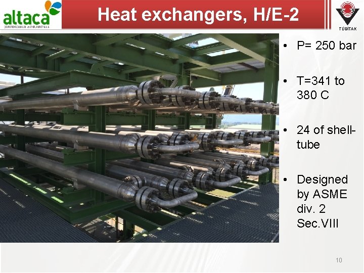 Heat exchangers, H/E-2 TÜBİTAK • P= 250 bar • T=341 to 380 C •