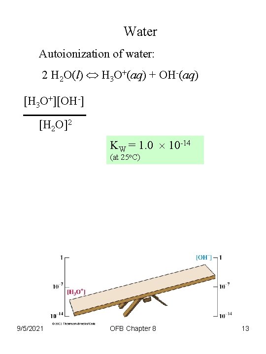 Water Autoionization of water: 2 H 2 O(l) H 3 O+(aq) + OH-(aq) [H