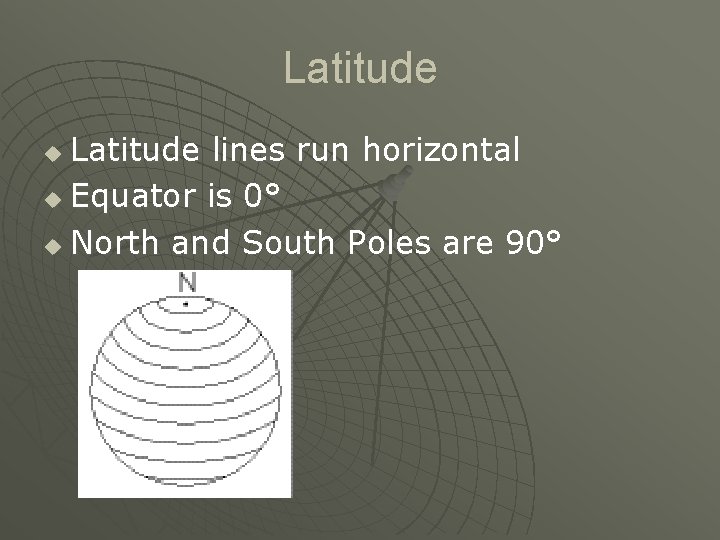 Latitude lines run horizontal u Equator is 0° u North and South Poles are