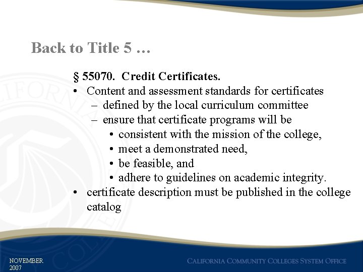 Back to Title 5 … § 55070. Credit Certificates. • Content and assessment standards