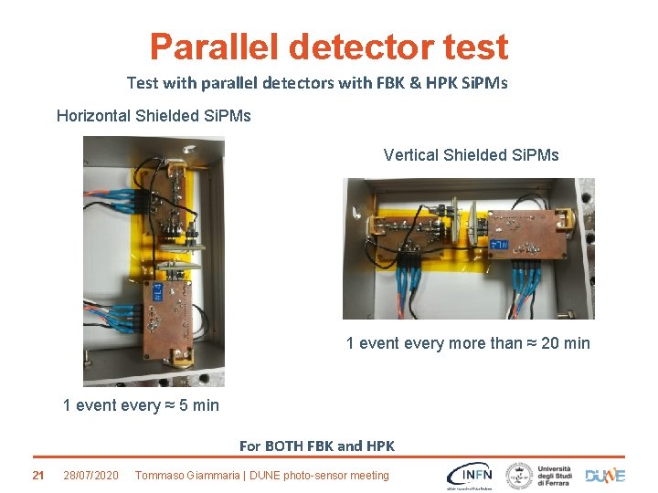 Parallel detector test Test with parallel detectors with FBK & HPK Si. PMs Horizontal