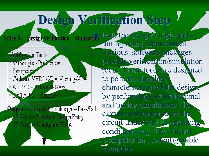 Design Verification Step n tests the design's logic and timing using input stimuli. Various