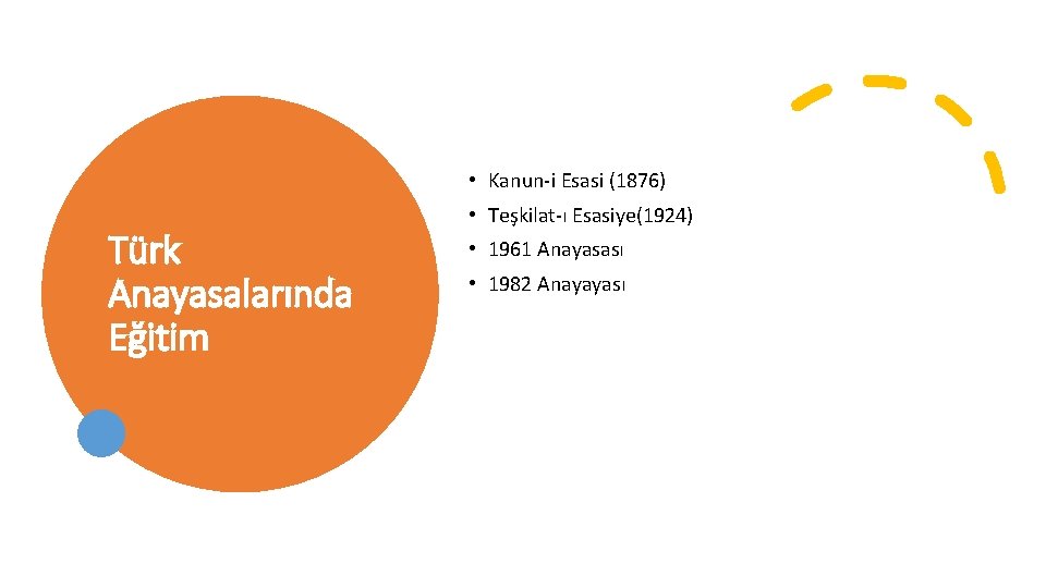  • Kanun-i Esasi (1876) Türk Anayasalarında Eğitim • Teşkilat-ı Esasiye(1924) • 1961 Anayasası