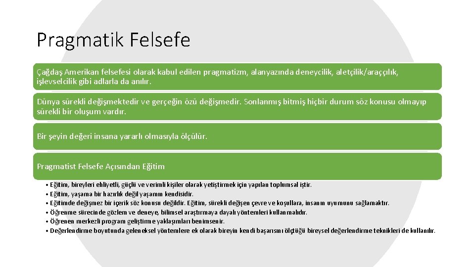 Pragmatik Felsefe Çağdaş Amerikan felsefesi olarak kabul edilen pragmatizm, alanyazında deneycilik, aletçilik/araççılık, işlevselcilik gibi