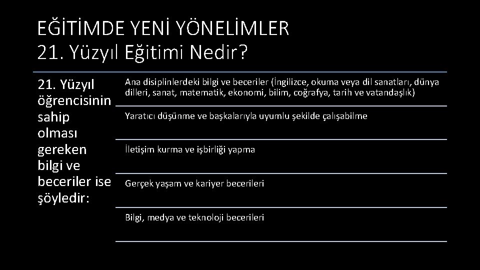 EĞİTİMDE YENİ YÖNELİMLER 21. Yüzyıl Eğitimi Nedir? 21. Yüzyıl öğrencisinin sahip olması gereken bilgi