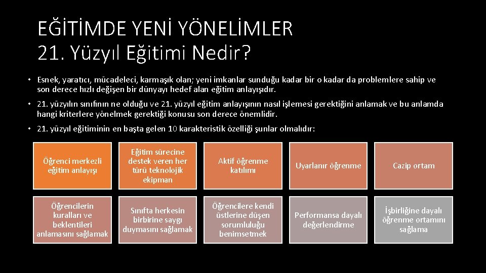 EĞİTİMDE YENİ YÖNELİMLER 21. Yüzyıl Eğitimi Nedir? • Esnek, yaratıcı, mücadeleci, karmaşık olan; yeni