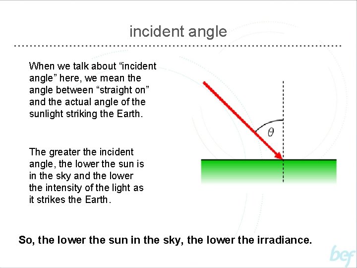 incident angle When we talk about “incident angle” here, we mean the angle between