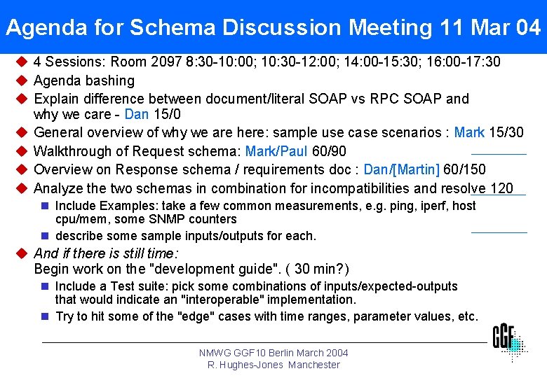 Agenda for Schema Discussion Meeting 11 Mar 04 u 4 Sessions: Room 2097 8: