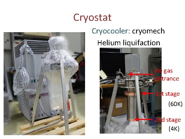 Cryostat Cryocooler: cryomech Helium liquifaction He gas entrance 1 st stage (60 K) 2