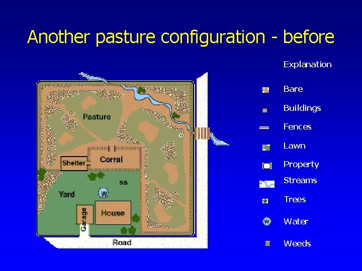 Another pasture configuration - before Explanation Bare Buildings Fences Lawn Property Streams Trees Water