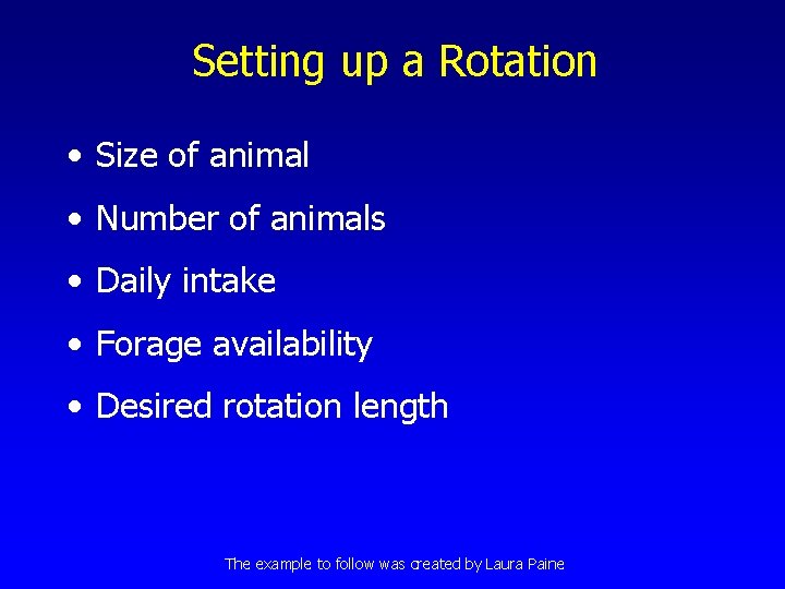 Setting up a Rotation • Size of animal • Number of animals • Daily